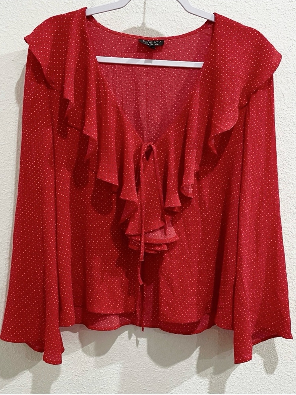 Topshop Red Ruffle Front Tie Top Western Dainty Polka Dot